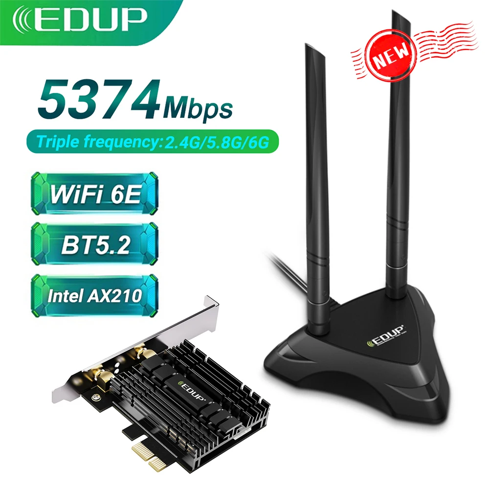 EDUP WiFi6E Intel AX210 5374Mbps PCI Express Wireless Wifi Adapter Blue-tooth5.2 802.11ac/AX 2.4G/5G/6GHz PCIe Wifi Network Card
