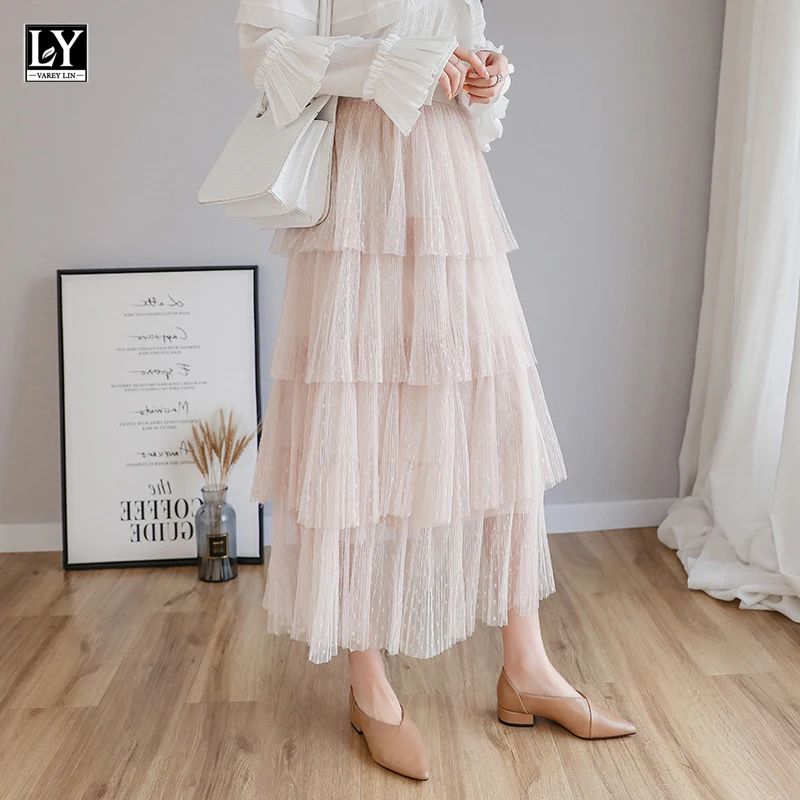 

LY VAREY LIN 2022 Women Spring Summer Princess High Waist Ruffled Tiered Tulle Pleated Skirt Sweet Cake Layered Long Mesh Skirt