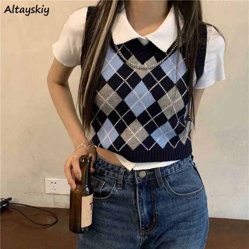 

Sweater Vests Women Argyle Crops Knitted Feminine Simple V-neck Streetwear Spring Student Preppy Style Chic Leisure Retro Soft