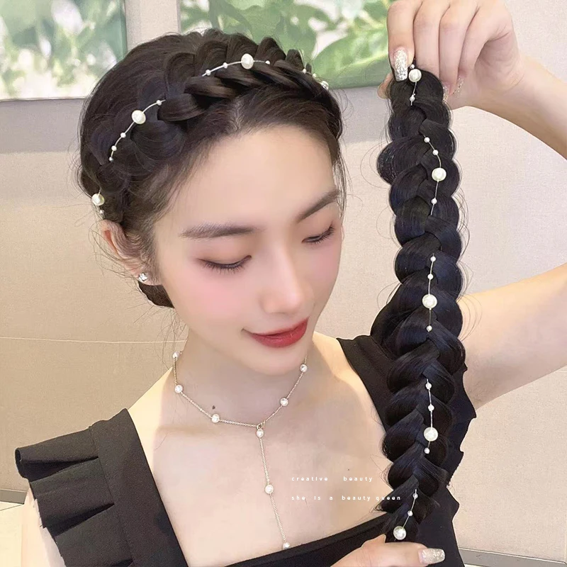 New Charm Pearl Chain Fishbone Braid Wig Hair Band Korean Simple One-piece Braid Headband Headwear Hair Accessories for Women