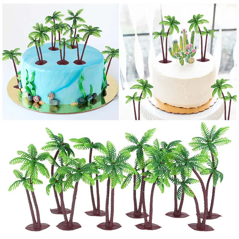 

5pcs Coconut Tree Cake Topper Tropical Summer Hawaiian Rainforest Green Coconut Tree Plastic Cake Tools Wedding Birthday Decor