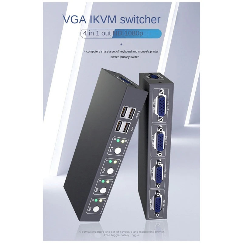 

Квм-переключатель VGA с 4 портами, видеопереключатель VGA, Раздельный экран, HD-дисплей, усилитель, разветвитель, адаптер для ПК, монитора, проектора