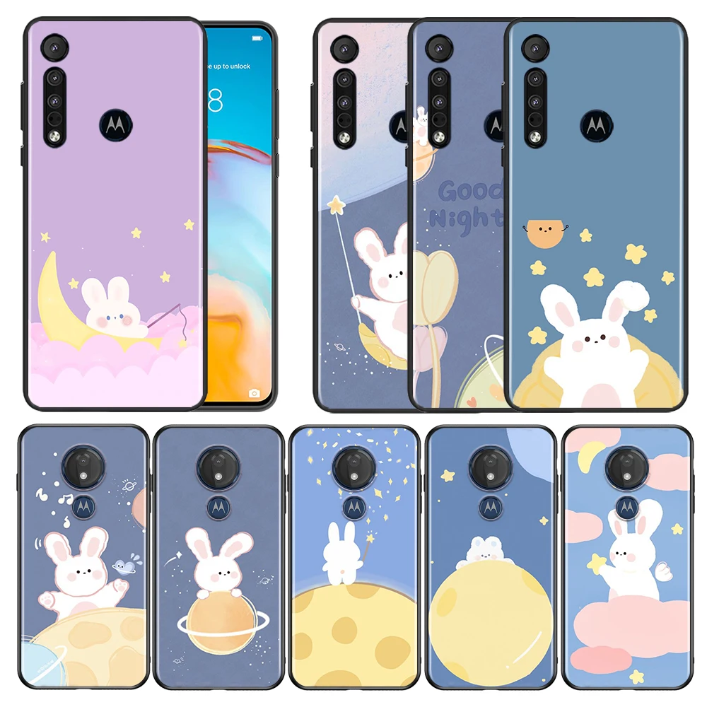 

Rabbit On The Moon Cartoon for Motorola G9 E7 G G8 E6 Plus Play Power Lite Edge 5G One Fusion Hyper Stylus Black Phone Case