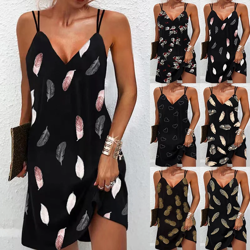 

2022 Summer Sexy V Neck Printed Sleeveless Dress Women's Clothing Fashion Casual Party Elegant Beach Plus Size Loose Sling Dress