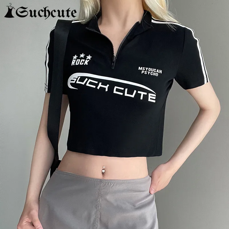 

SUCHCUTE Dark Academia Letter Print Women T-shirts Gothic Short Sleeve Zip Patchwork Crop Tops Grunge Streetwear Clothes y2k