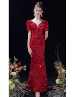 dress dress 2021 new burgundy dress fishtail dress engagement high end elegant sequined fishtail host evening dress dress