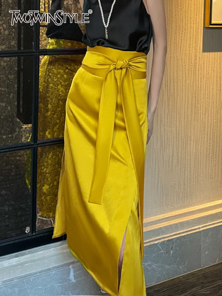 

TWOTWINSTYLE Vintage Midi Skirt For Women High Waist Lace Up Solid Minimalist Split Thigh Skirts Female Summer Fashion Clothing