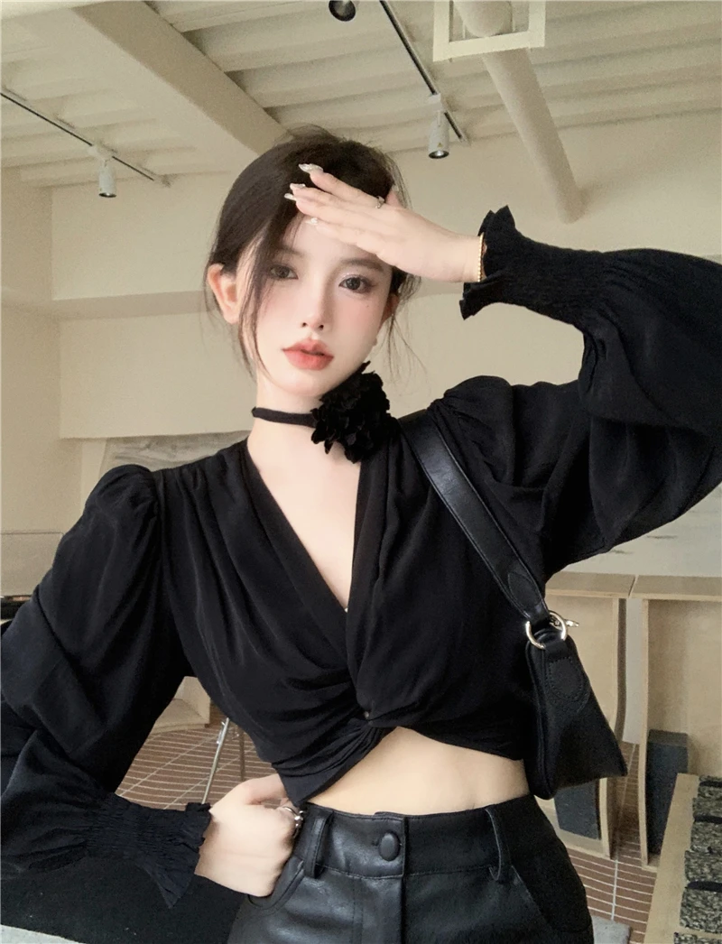 Французские рубашки Socialite Temperament со шнуровкой и v-образным вырезом женские