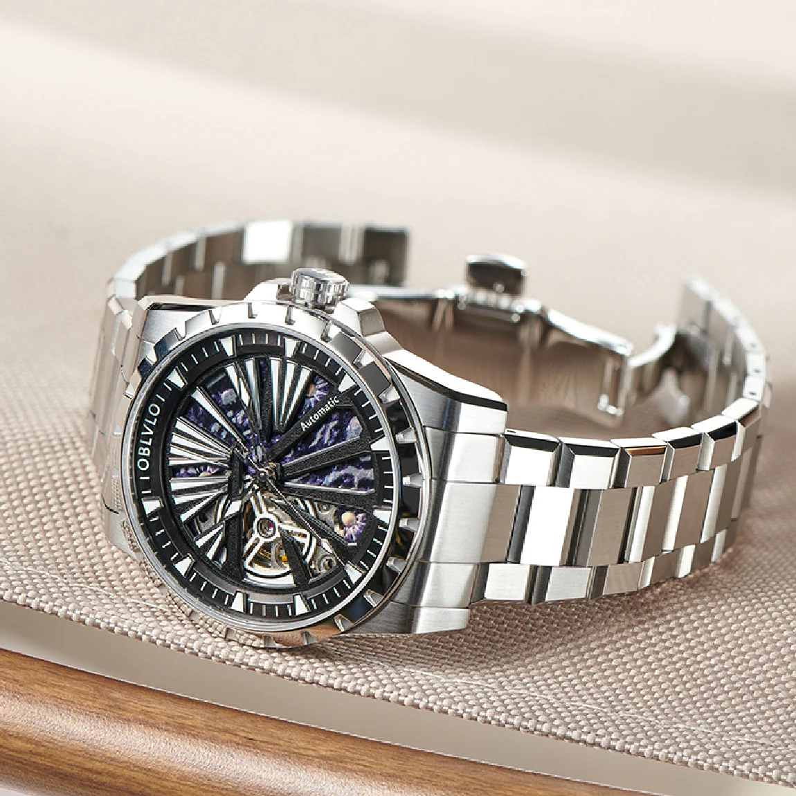 

OBLVLO Brand Skeleton Watches Mechanical Automatic Watch For Men Sport Clock Casual Luminous Bracelet Wrist Watch RMS-U
