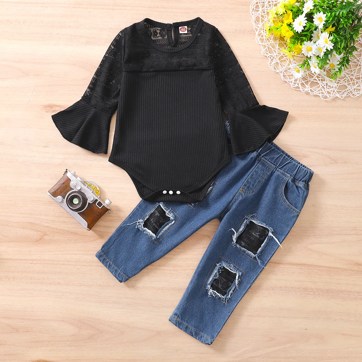 

Baby Girl Clothes Toddler Clothing Sets Children Solid Flare Ssleeve Romper + Break Hole Jeans 2pcs Set Infant Spring Outfits