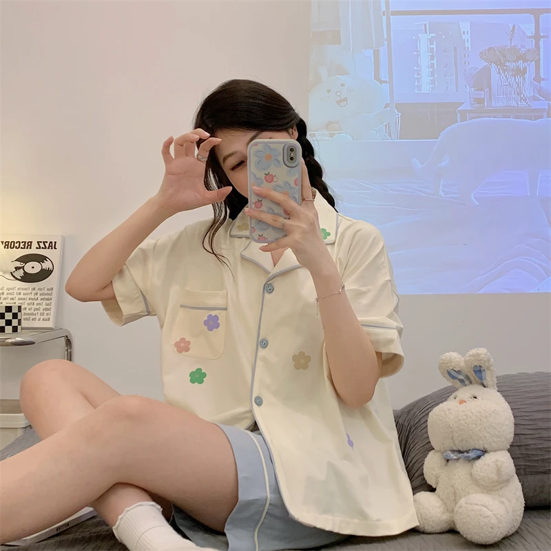 Summer Sleepwear Girl Pajamas Set Sweet Flower Women Pijamas Cotton Lapel Loungewear Lady's Pajama