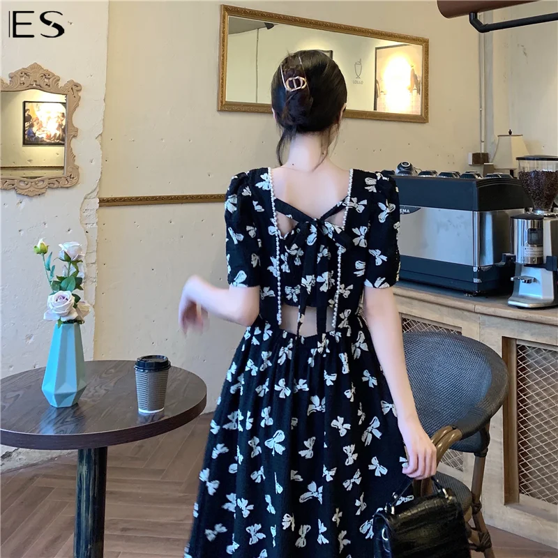 

Французское ретро платье с квадратным вырезом, женская дизайнерская нишевая юбка с бантом