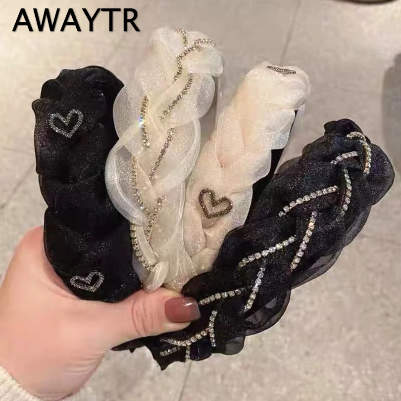 

Женский ободок из органзы AWAYTR, плетеный ободок из органзы, стразы в форме сердца, повязка на голову