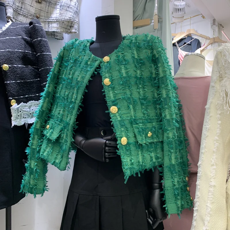 

Fringed Plaid O-Neck Long-Sleeved Single-Breasted Gold Button Tweed Coat High-Quality Green Vintage Elegant Short Jacket 2022