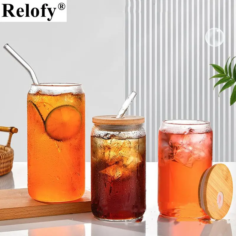 4pcs/6pcs Clear Coke Round Glass Cups Set Household Simple Coffee Milk Juice Water Bottle with Wooden Lid and Straw Drinkware