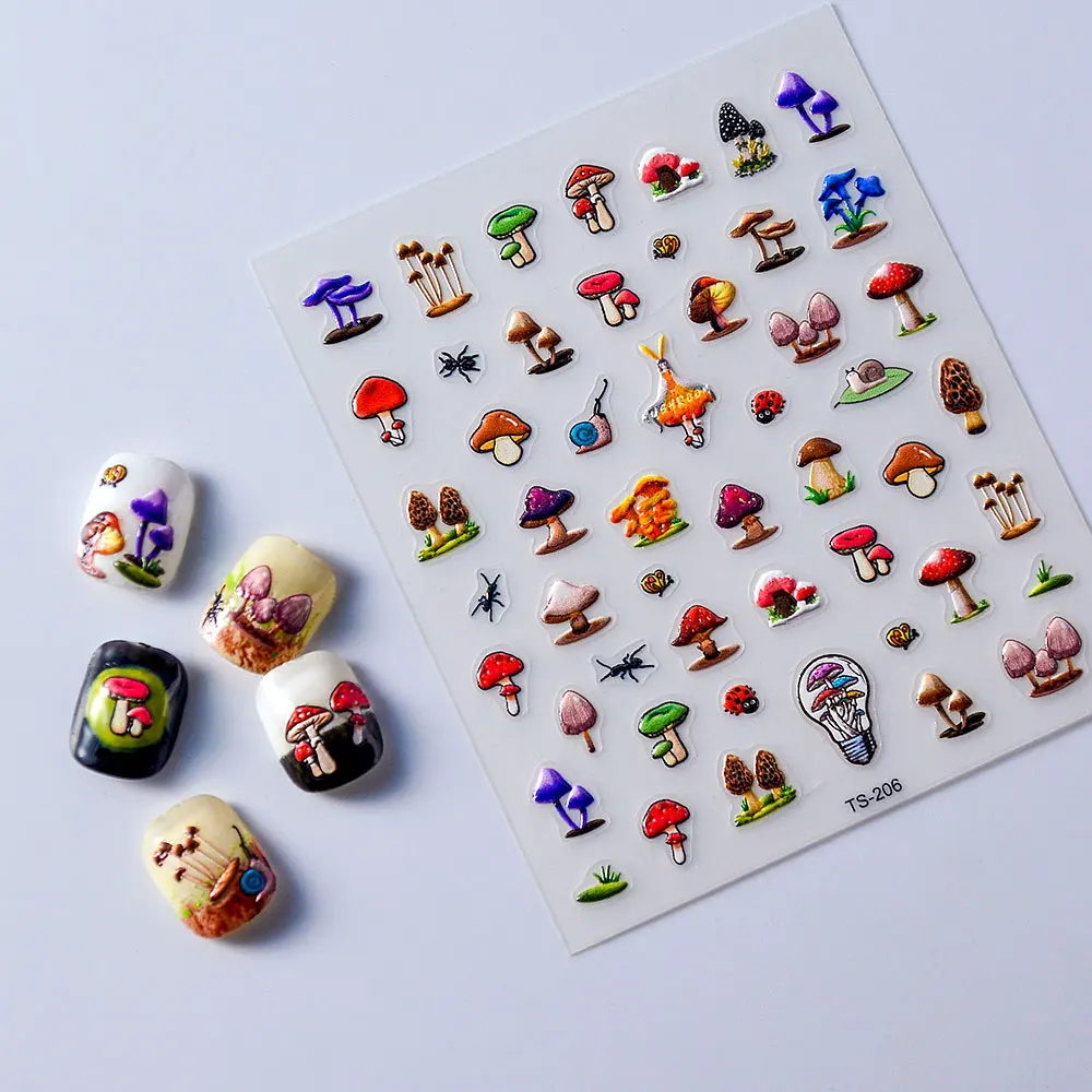 5D наклейка в виде грибов для ногтей Kawaii рельефная французский слайдер клейкий
