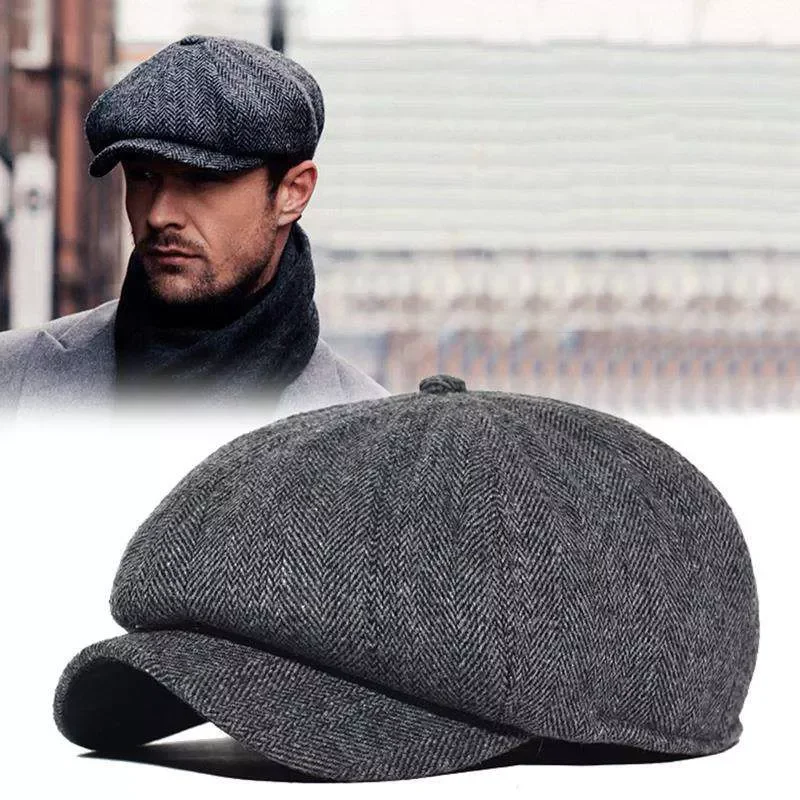 

Newsboy Hat Men Beret Dark Grey Celebrity Caps Vintage Tweed Peaky Blinders Berets Flat Peaked Cap Street Hats for Men Women