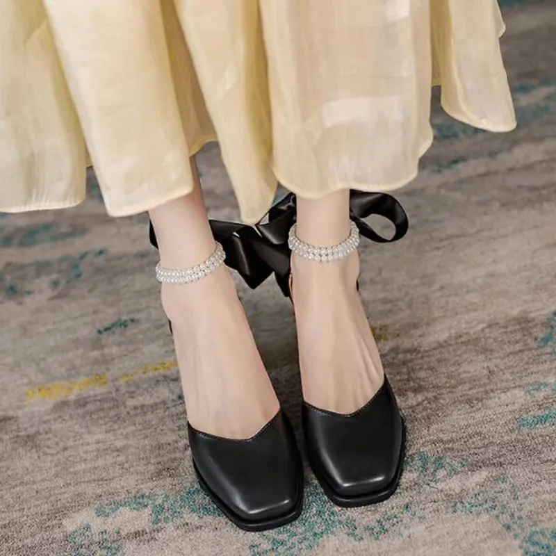 

Женские Туфли Мэри Джейн, высокий каблук 5 см, квадратный носок, толстый каблук, пряжка, бант, офисные и праздничные сандалии