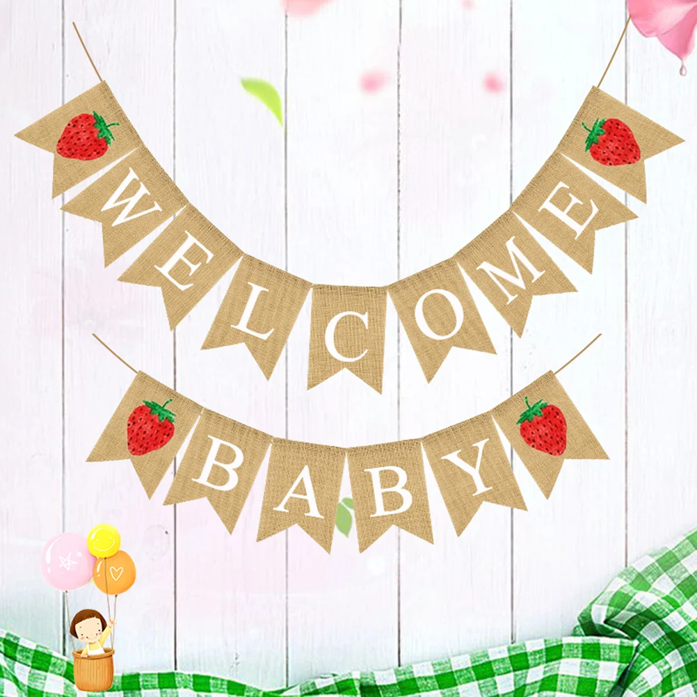 

Strawberry Theme Linen Banner WELCOME BABY Printing Swallowtail Bunting Burlap Flag Baby Shower Hanging Garland Birthday Party