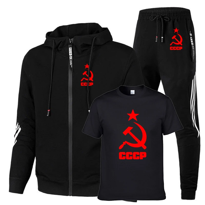 

Men's suit CCCP Russian USSR Soviet Union Spring Autumn stripe Cotton High Quality Men's sweatshirt+t-shirt+pants 3-piece set