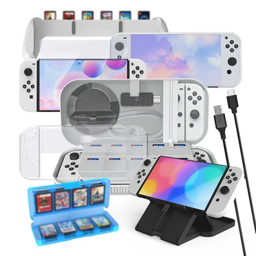 

10 in 1 Bag Silicone Case Cover Grip Holder Bracket Charging Cable Game Card Box for Switch Game Accessory