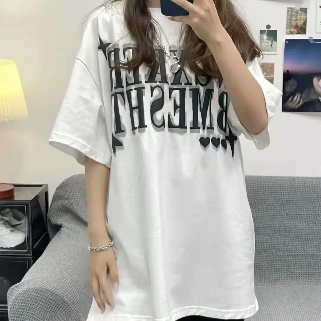 

Y2K футболки с коротким рукавом 2023 женские свободные топы с буквенным принтом белые летние повседневные корейские футболки Харадзюку с круг...
