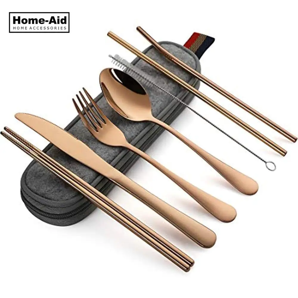 

8Pcs/set Tableware Reusable Travel Cutlery Set Camp Utensils Set with Stainless Steel Spoon Fork Chopsticks Straw Portable Case
