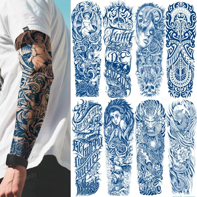 

full arm sleeve temporary tattoo sticker natural juice ink waterproof tattoos long lasting 2 weeks large size sexy body art men