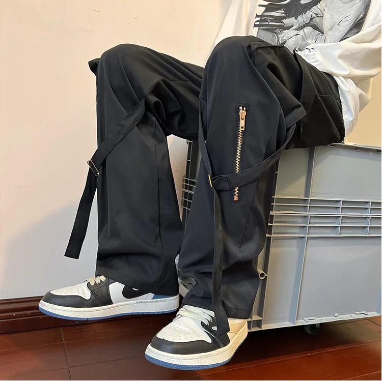 

High Street Men Cargo Pants 2022 New Solid Large Pocket Fashion Design Straight Long Trousers Wide Leg Male Casual Pant R66