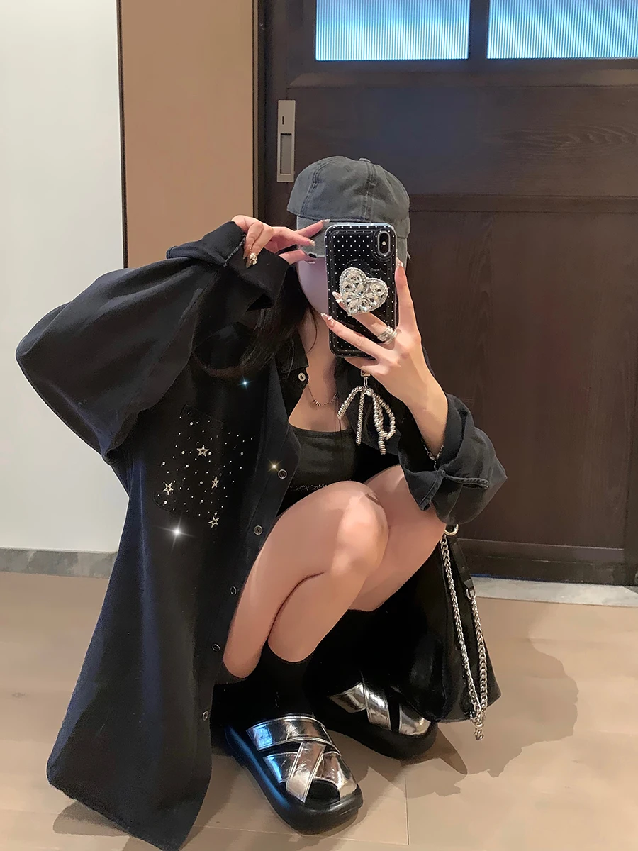 Zhuangda Mud Gray Black Soft Denim XINGX Hot Drilling Shirts Loose Women 2024 Autumn and Winter New Long sleeve Outerwear