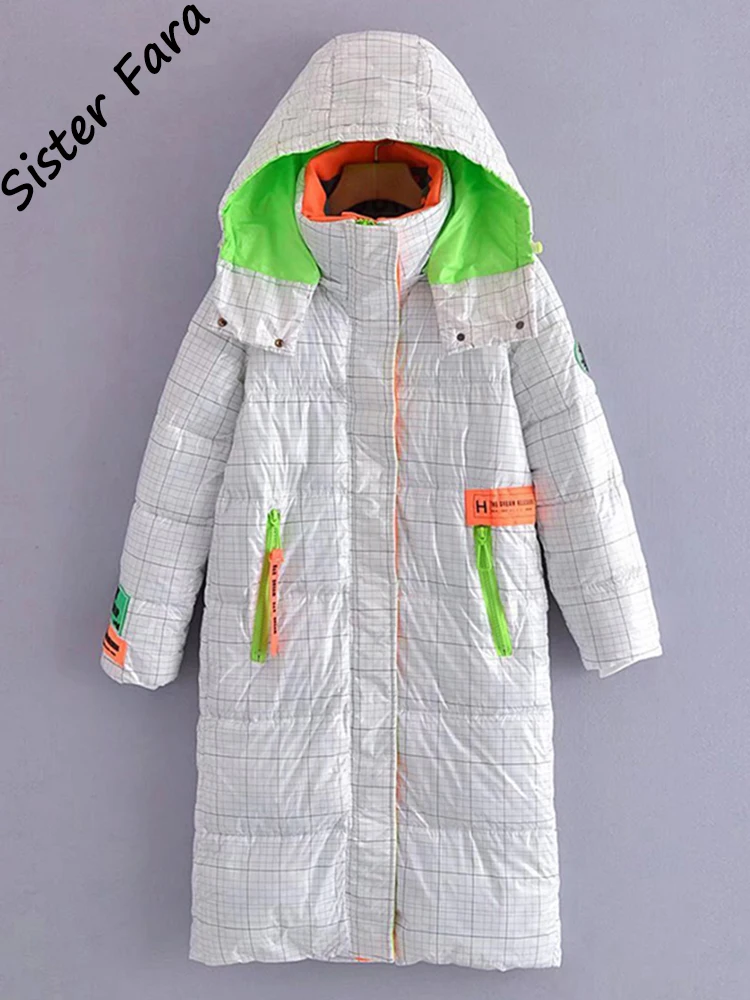

Sister Fara Winter Long Hooded Letter Parker Down Jacket Women's Warm Thicken Parker Down Jacket Female Long Down Jacket Coat