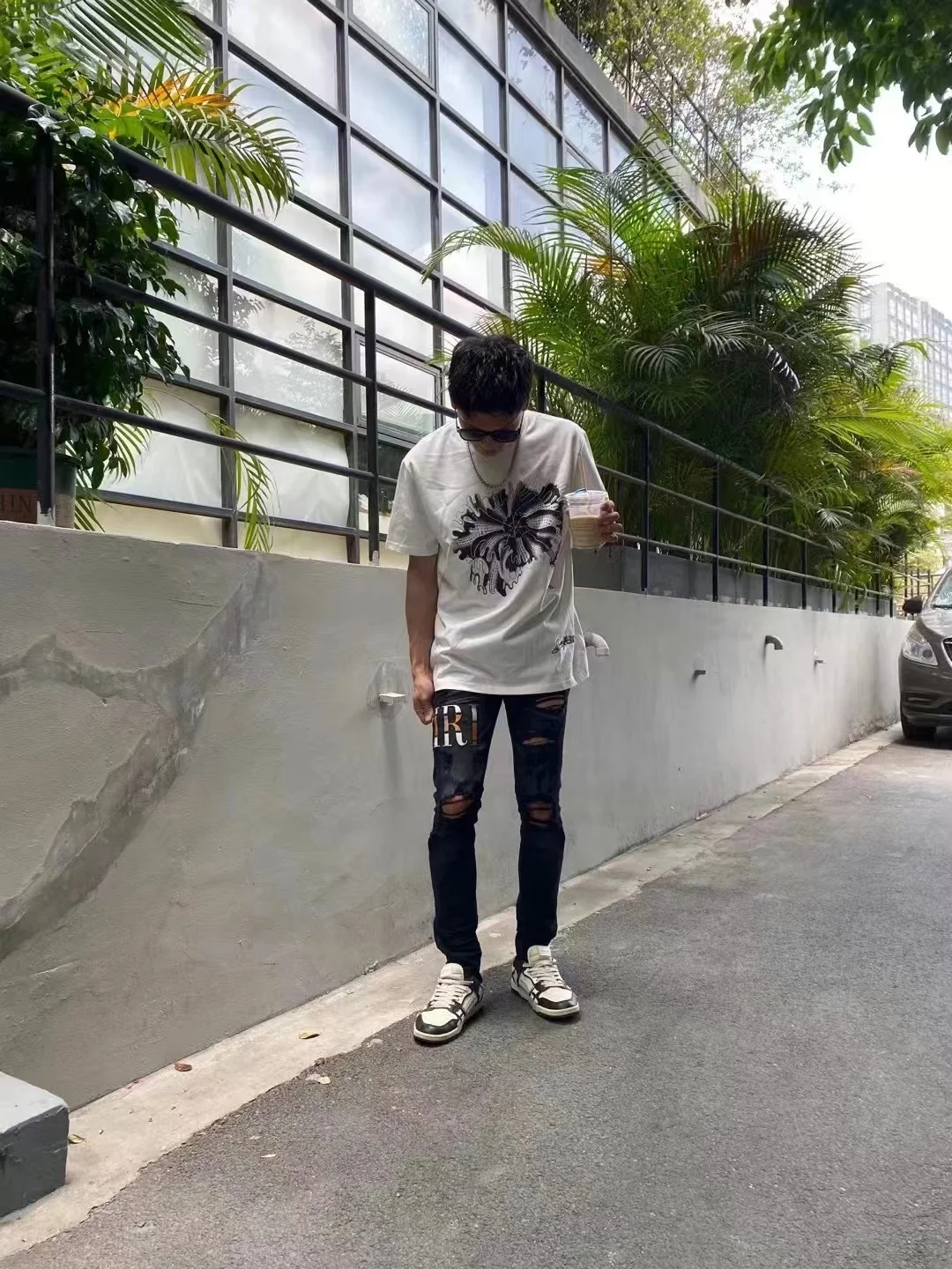 Summer Leather Embroidered Word Art Jeans Men Hole Casual Slim Cotton Stretch Scratches Bleached Scraped Feet Pencil Pants Tight