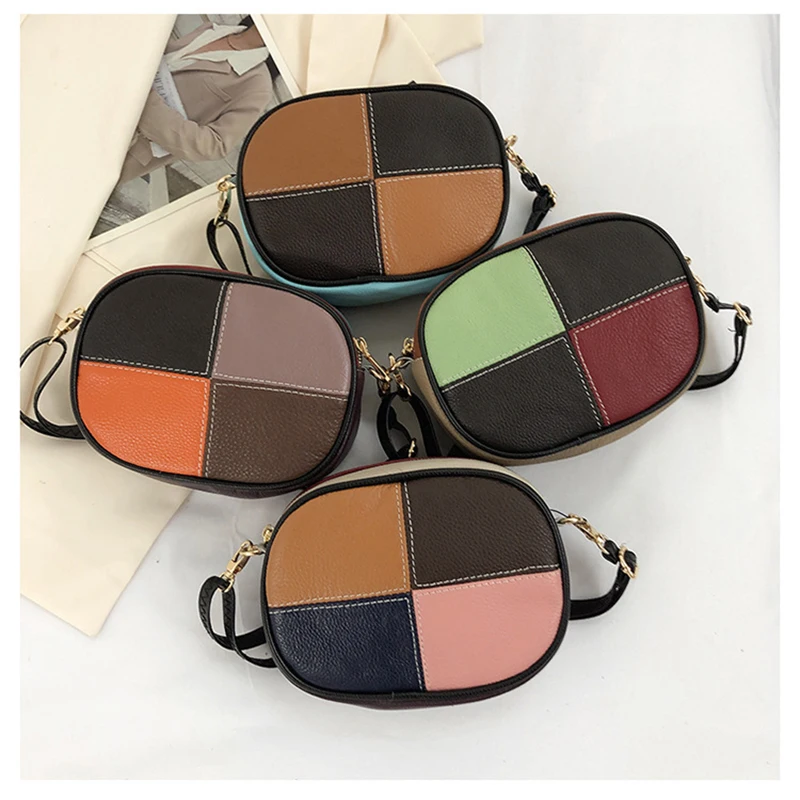 Cowhide New Classic Fashion Crossbody Bag Retro Trendy Shoulder Bag Contrast Panel Checkered Shoulder Bag Small Square Bag