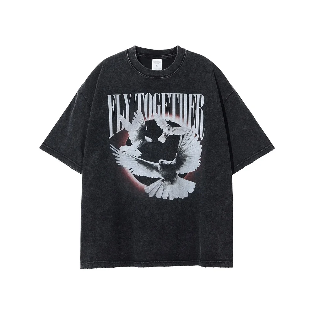 

Gothic Dove Of Peace Letter Print Retro Distress Grunge Oversized Washed Black T-Shirts Men Vintage T-shirts Summer Cotton Tops