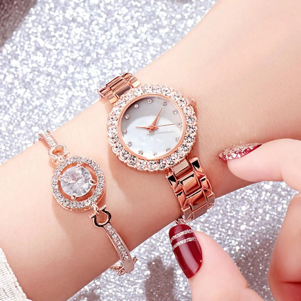 6PCS Set Luxury Watch Women Ring Necklace Earrings Rhinestone Clock Fashion Wristwatch Female Casual Ladies Watches Bracelet