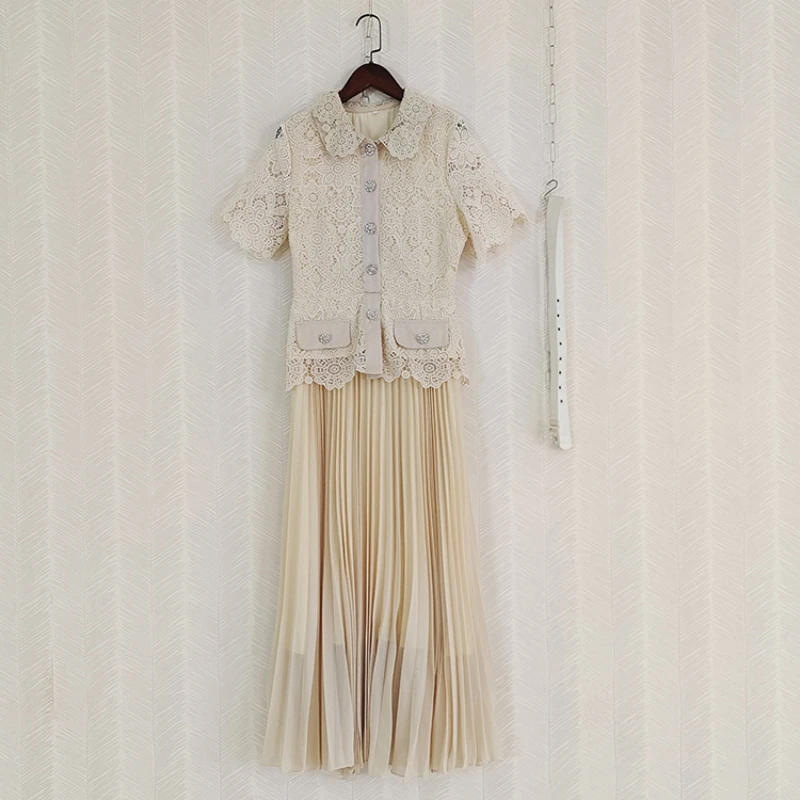 

Женское платье AELESEEN для весны и лета, шифоновое плиссированное платье из двух частей с имитацией кружева в стиле пэчворк, с бриллиантами, бежевым поясом
