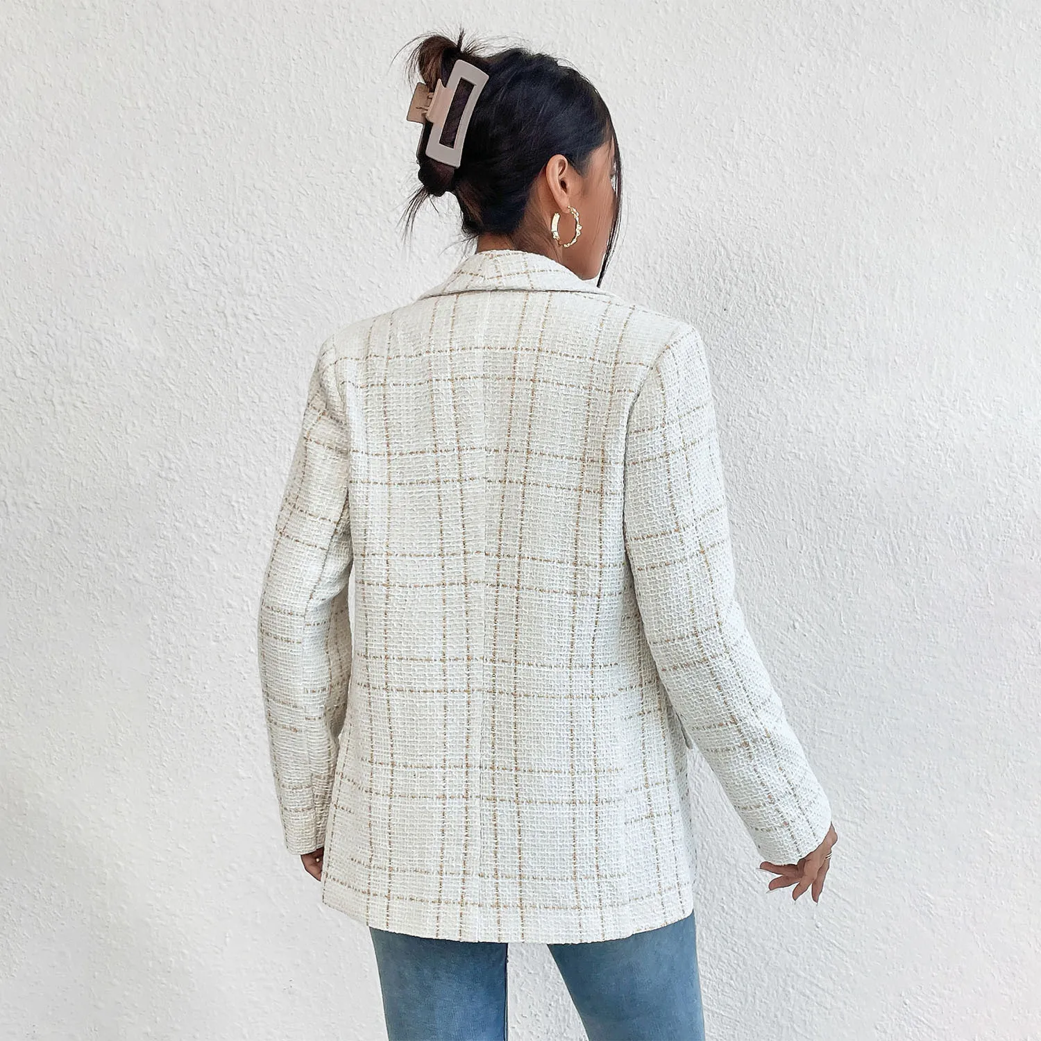 2023 Autumn and Winter Plaid Turtleneck Long Sleeved Cropped Blazer for Women Elegant Solid Color Jacket Women Coats