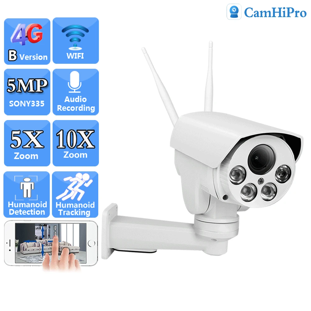 

HD 5MP 3G 4G SIM Card Wireless Security IP Camera Wifi PTZ Outdoor 5X 10x Auto Zoom Audio Record IR Night Version SD Card Slot