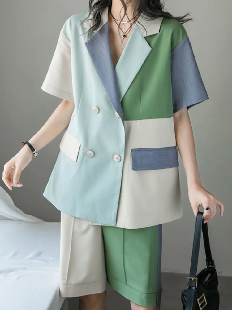 

2022 New Blazer Suit Womens Summer Korean Style Fashion High Waist Short Sleeve Blazer Color Contrast Shorts Two-piece Sets Y2k