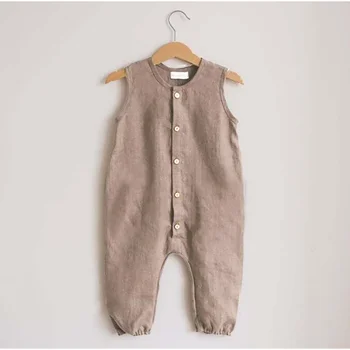 Summer Newborn Baby Boys Romper Infant Solid Cotton Romper Baby Boys Girls Jumpsuit Button Breasted Sleeveless Kids Clothes 1