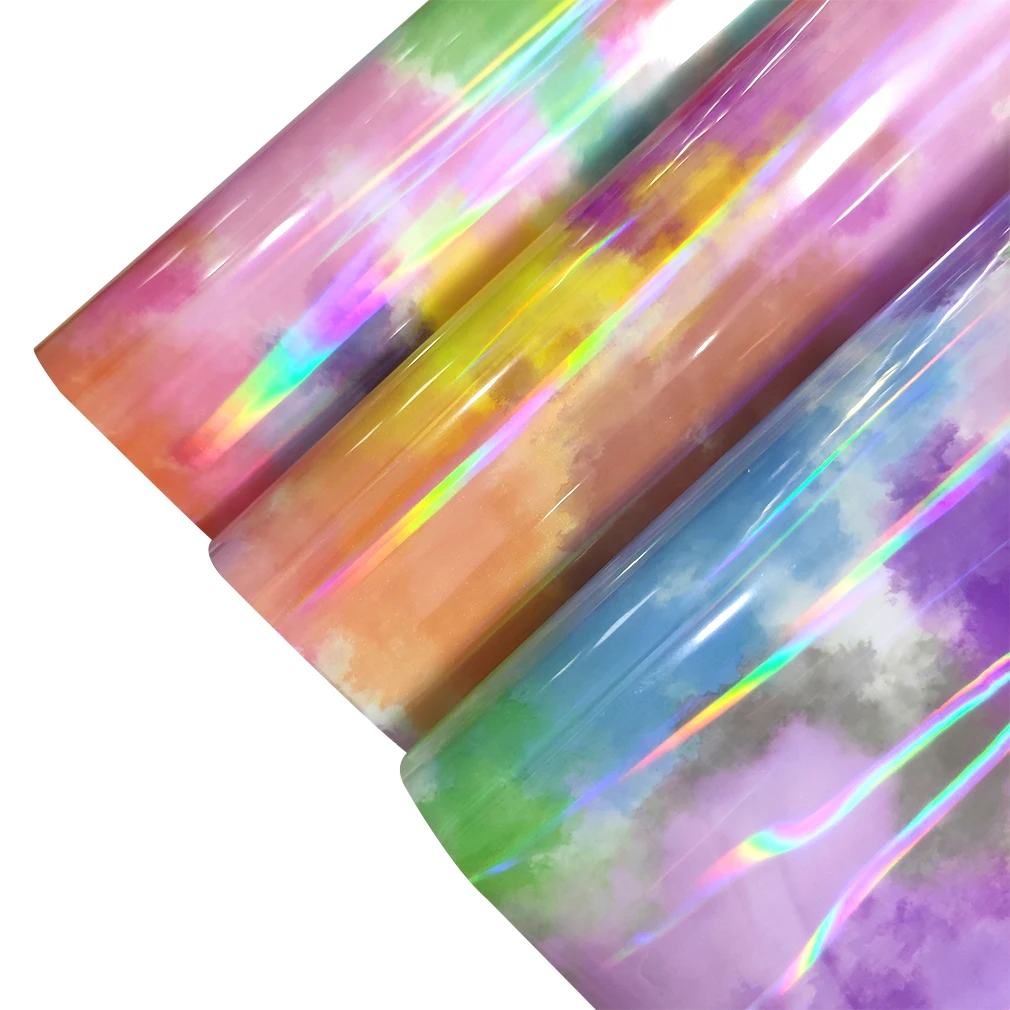 

Iridescent Holographic TPU Film Vinyl Fabric Clossy Cloud Pattern Faux Leather sheets for Bag Bow Decor PVC DIY Craft Materials