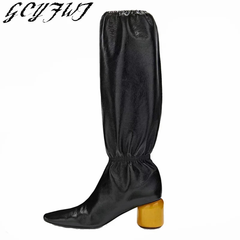 

Women Motorcycle Boots For Female Pointed Toe Chunky Heel Fashion High Quality Luxury Knee High Boot Black Slip-on Ladies Shoes