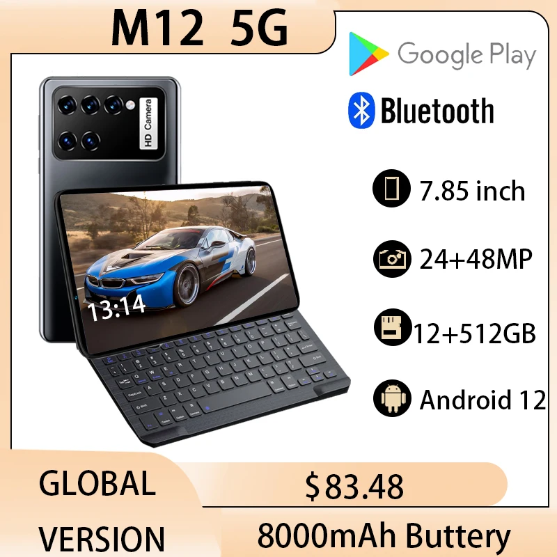 

Tablet M12 5G Pad 8 Inch Dual Sim 12GB RAM 512GB ROM WPS Office Deca Core GPS Google Play 48MP Free Keyboard Tablette