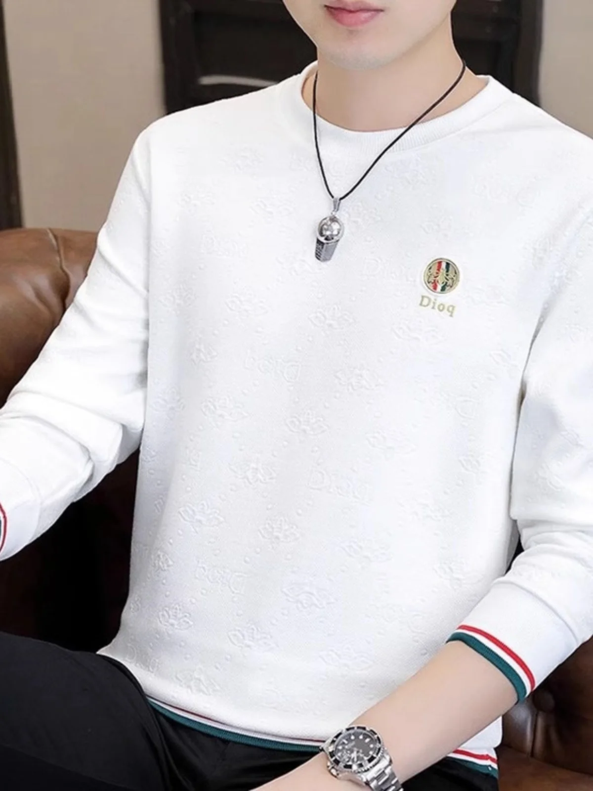  T-shirt Men's Long sleeve Spring and Autumn New High end Print Solid Bottoming Shirt round Neck Casual