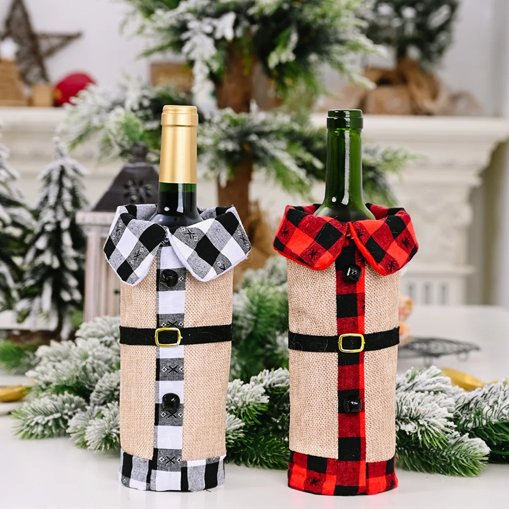 

Christmas Wine Bottle Cover New Year's Bottle Cover Christmas Decoration On The Bottle Table Red Black Grid Decoration