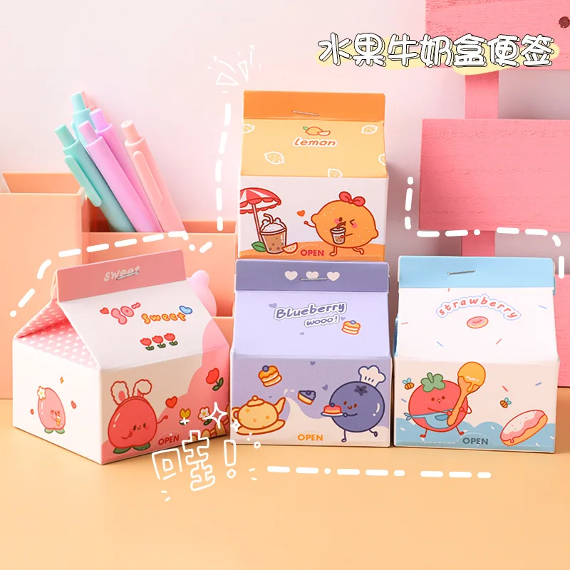 

200pcs/box Cute Lovely Girl's Heart Fruit Milk Carton Memo Student Removable Boxed Portable Non-sticky Message Paper