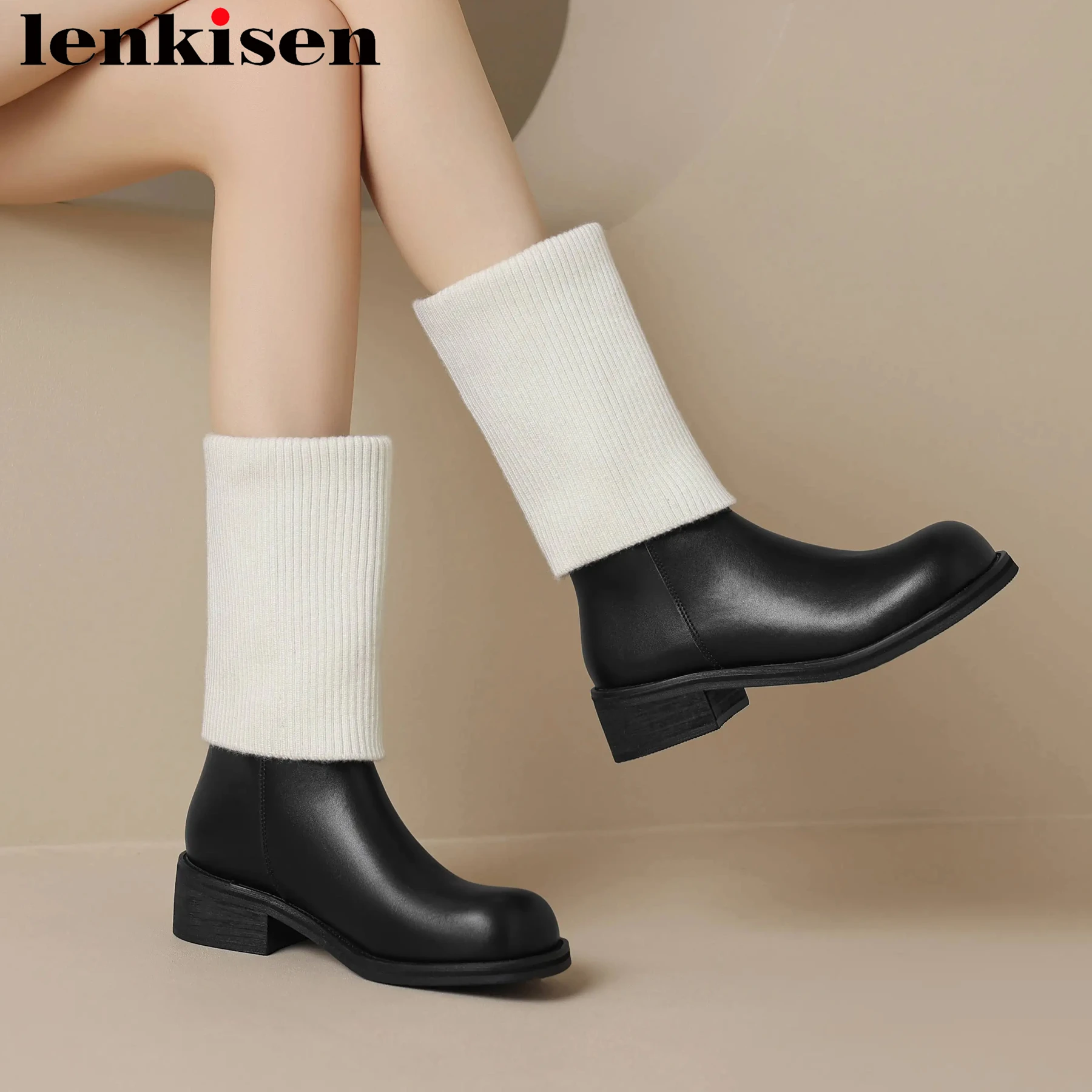 

Lenkisen Natural Cow Leather Round Toe Med Heels Modern Boots Keep Warm Winter Mixed Colors Stretch Luxury Brand Mid Calf Boots