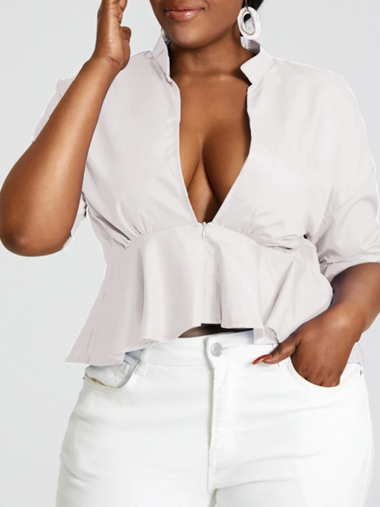 

Fashion Chemise Ruffled Shirt Summer Tops 2022 VONDA Y2K Women Deep V Neck Blouses Casual Half Sleeve Tops Solid Blusas Feminina