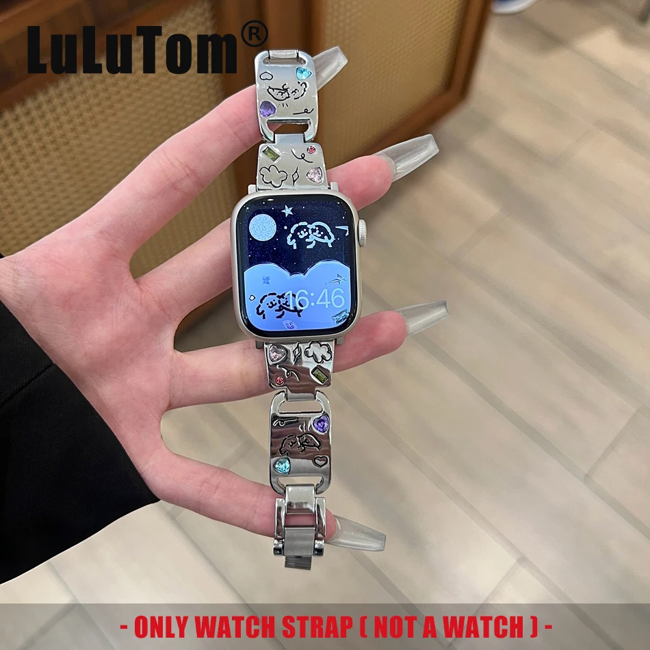 Ремешок с циркониевой вставкой для Apple Watch UItra 2 9 8 7 6 5 4 3 SE металлический браслет