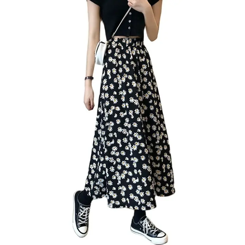 

Printed Skirt Women's 2022 Summer New Black High Waist Floral Medium Length A-line Skirt